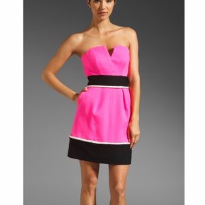Milly Margot Hot Pink Black & White Colorblock Brushed Wool Strapless Mini Dress